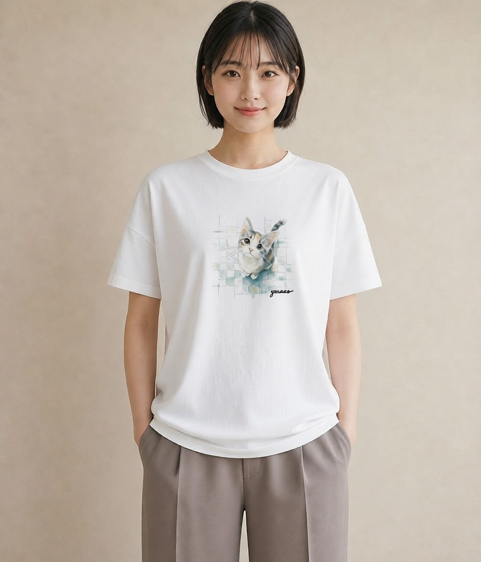 Tシャツ レディース ぶち猫 猫 ねこ イラスト ニュアンス 誕生日プレゼント 綿100 白T