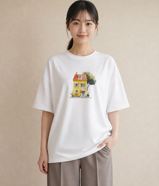 Tシャツ レディース 灯りの家 小屋 夜 ナチュラル アンティーク イラスト 上品 旅行 母娘コーデ 白T