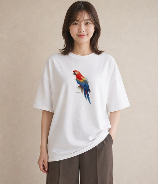 半袖Tシャツ レディース ボタンインコ ペット 動物 イラスト 旅行コーデ レイヤード 友達ギフト 白T