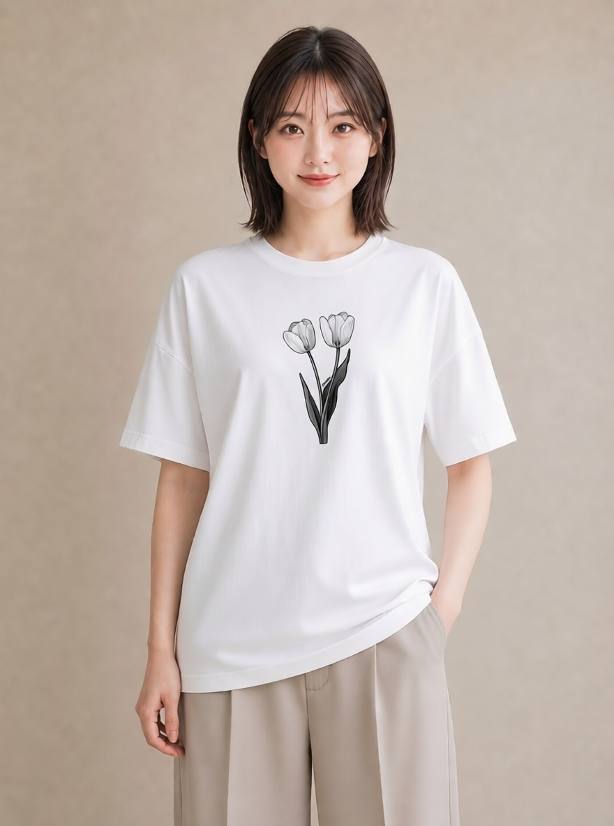 グラフィックTシャツ レディース チューリップ 花 花柄 イラスト 韓国風 誕生日プレゼント 綿100 白T