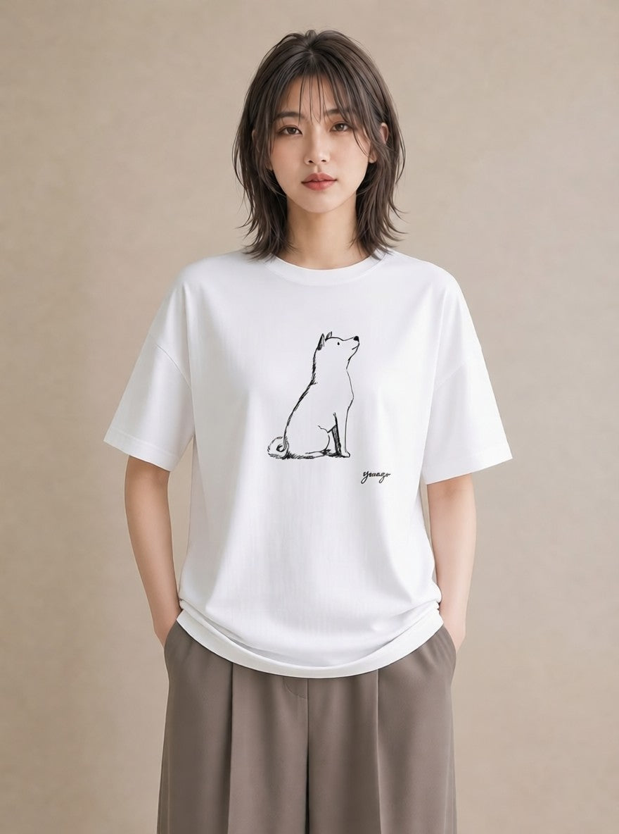 プリントTシャツ レディース 犬 いぬ わんこ イラスト 手描き風 公園 ママ 白T