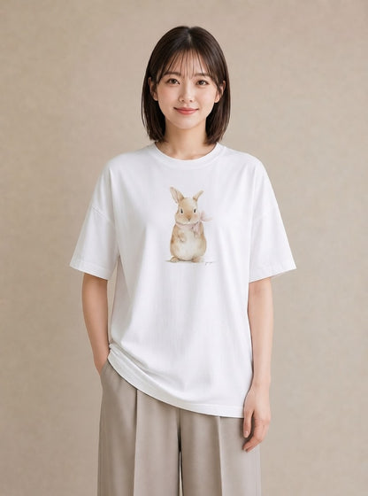 半袖Tシャツ レディース うさぎ ウサギ ラビット ペット 動物 イラスト ミニマル 週末コーデ 敬老の日 白T