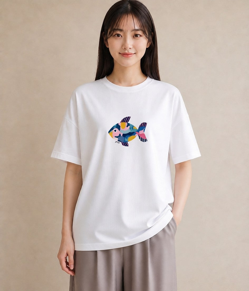 半袖Tシャツ レディース 熱帯魚 海の生き物 海 イラスト レトロ 女性 旅行用 白T