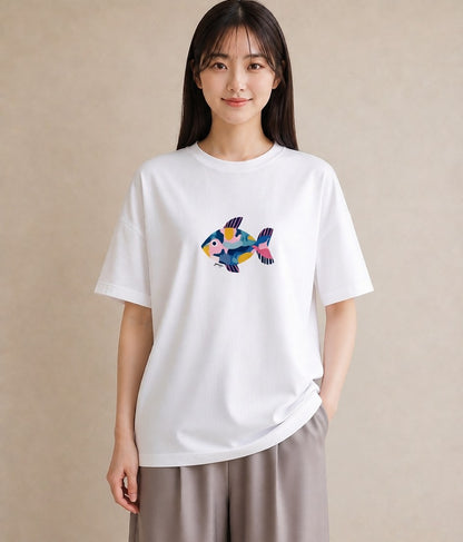 半袖Tシャツ レディース 熱帯魚 海の生き物 海 イラスト レトロ 女性 旅行用 白T