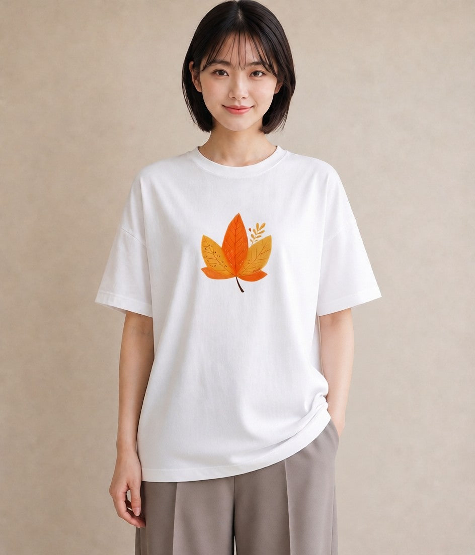 デザインTシャツ レディース 落ち葉 植物 ボタニカル イラスト 旅行コーデ 母娘コーデ 自分用 白T
