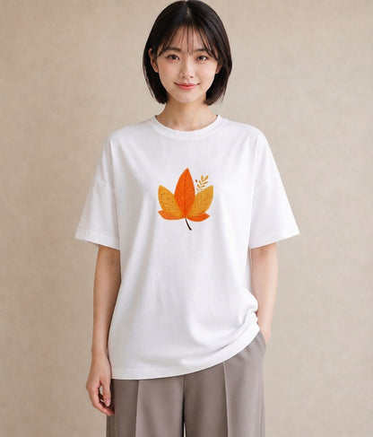 デザインTシャツ レディース 落ち葉 植物 ボタニカル イラスト 旅行コーデ 母娘コーデ 自分用 白T