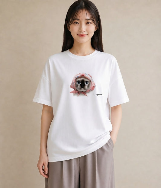 Tシャツ レディース シャム柄 猫 ねこ イラスト きれいめ ビーチ デイリーウェア 白T