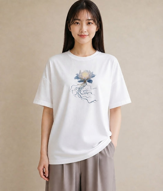 デザインTシャツ レディース 蓮 花 花柄 イラスト ポップ 普段着 週末コーデ 白T
