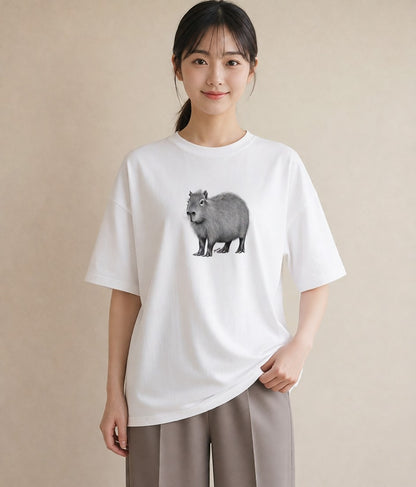 グラフィックTシャツ レディース カピバラ かぴばら 動物 アニマル イラスト 抜け感 ペアコーデ 秋コーデ 白T