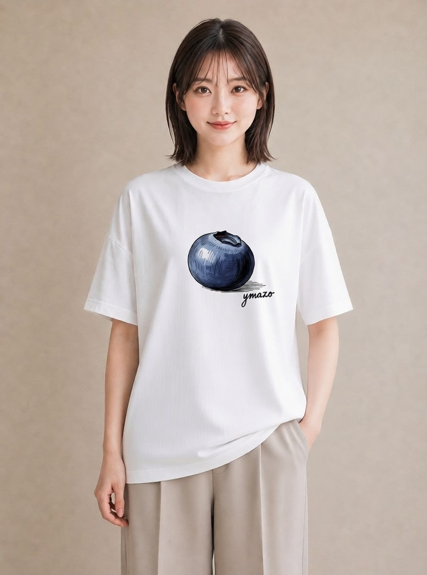 デザインTシャツ レディース ブルーベリー 食べ物 フード イラスト 可愛い 買い物 夏コーデ 白T