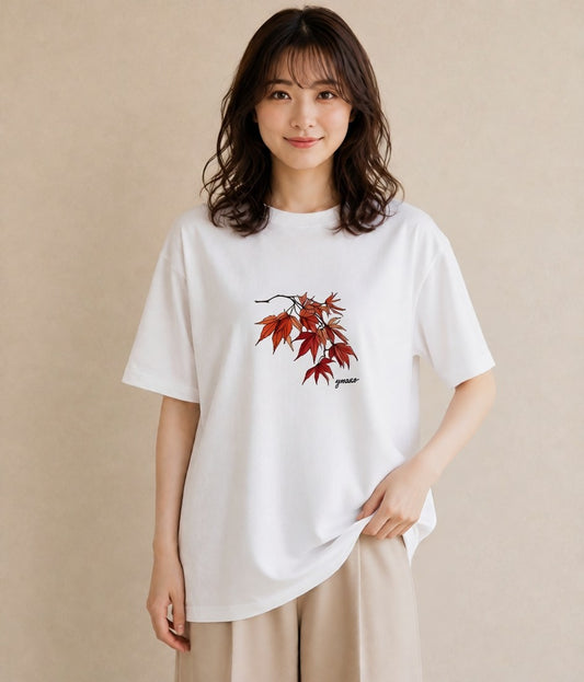 半袖Tシャツ レディース 落ち葉 植物 ボタニカル イラスト 個性的 買い物 夏コーデ 白T