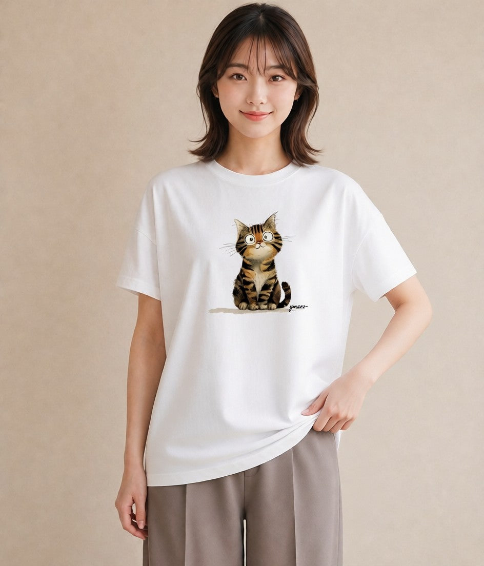 グラフィックTシャツ レディース ニャンコ 猫 ねこ イラスト ニュアンス 母の日 ビーチ 白T