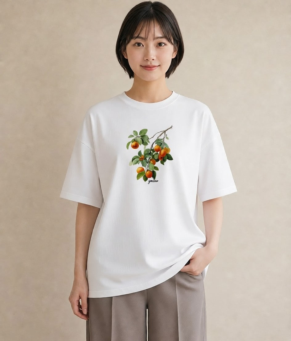 半袖Tシャツ レディース みかん 食べ物 フード イラスト カジュアル 綿100 デート 白T