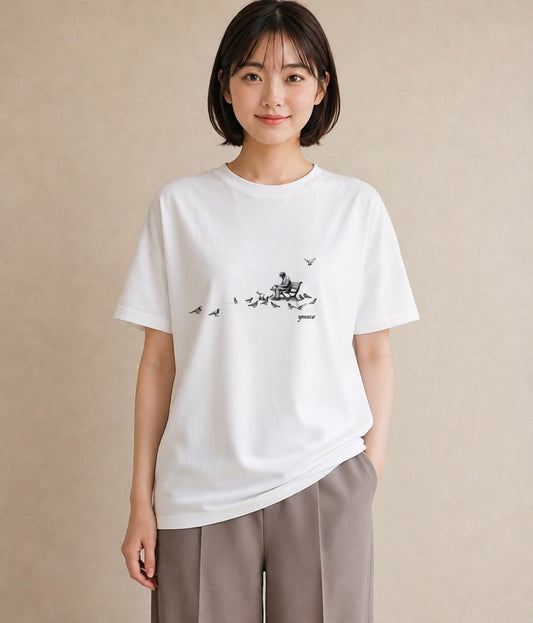 グラフィックTシャツ レディース 雨上がりのベンチ ベンチ ナチュラル アンティーク イラスト 旅行コーデ 公園 ママ 白T