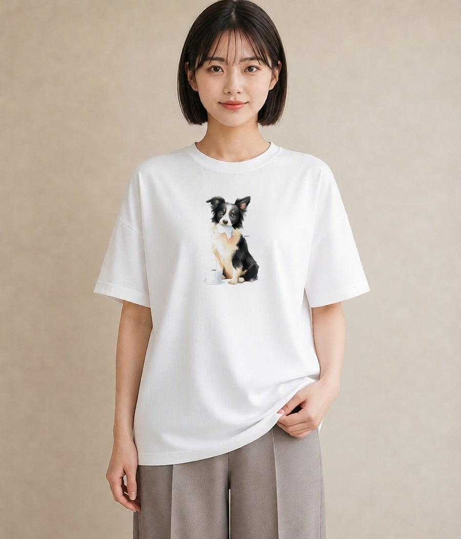 半袖Tシャツ レディース ボーダーコリー 犬 いぬ イラスト ゆるかわ 女性 旅行用 白T