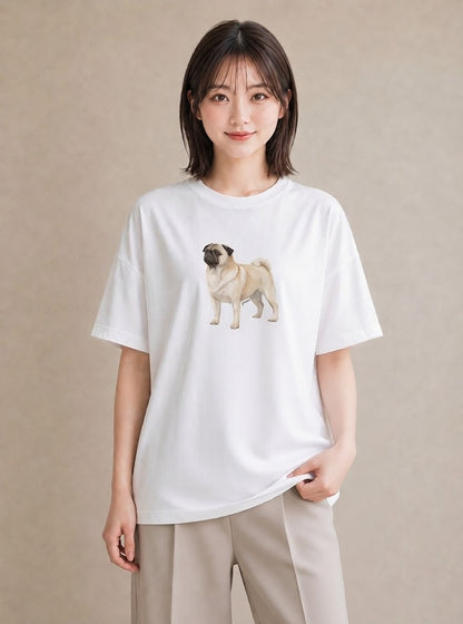 グラフィックTシャツ レディース パグ 犬 いぬ イラスト 旅行コーデ 春服 ミセス 白T