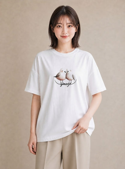 Tシャツ レディース 遠い家と鳥 風景 鳥 ナチュラル アンティーク イラスト 普段使い 誕生日プレゼント 綿100 白T