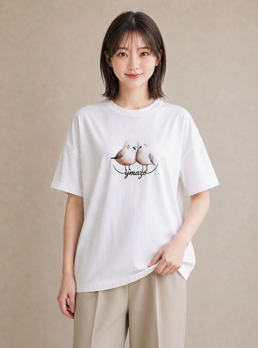Tシャツ レディース 遠い家と鳥 風景 鳥 ナチュラル アンティーク イラスト 普段使い 誕生日プレゼント 綿100 白T