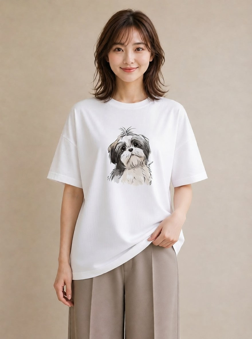 グラフィックTシャツ レディース ペキニーズ 犬 いぬ イラスト カフェコーデ ミセス 春コーデ 白T