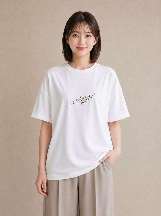 半袖Tシャツ レディース 折り鶴 折り紙 ナチュラル アンティーク イラスト 可愛い クリスマス 旅行 白T