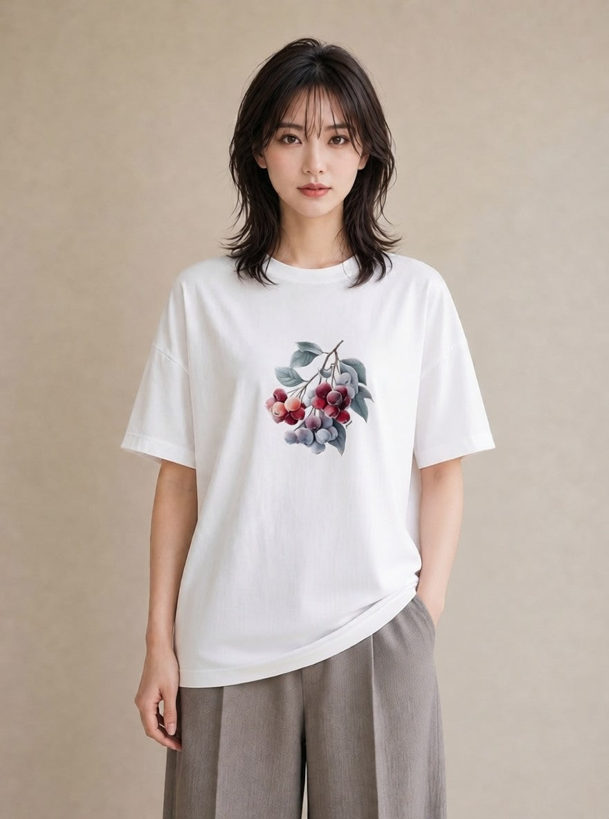 プリントTシャツ レディース さくらんぼ チェリー 食べ物 フード イラスト きれいめカジュアル 自分用 ルームウェア 白T