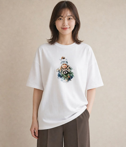 半袖Tシャツ レディース たぬき 動物 アニマル イラスト シック お揃い 親子 白T