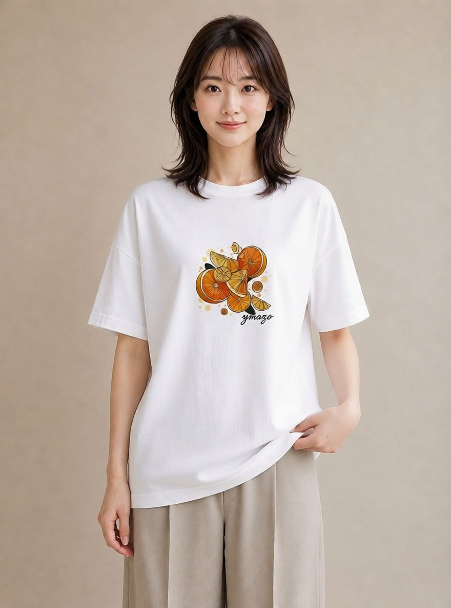 半袖Tシャツ レディース みかん 食べ物 フード イラスト ナチュラル 送別ギフト 通勤 白T
