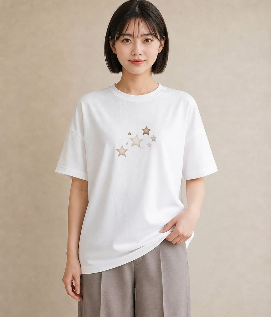 半袖Tシャツ レディース 流れ星 星空 宇宙 イラスト ポップ レイヤード 友達ギフト 白T