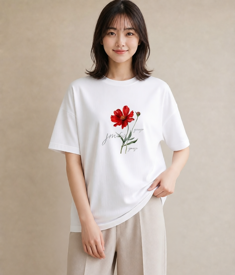 グラフィックTシャツ レディース コスモス 秋桜 花 花柄 イラスト 線画 母娘コーデ 自分用 白T