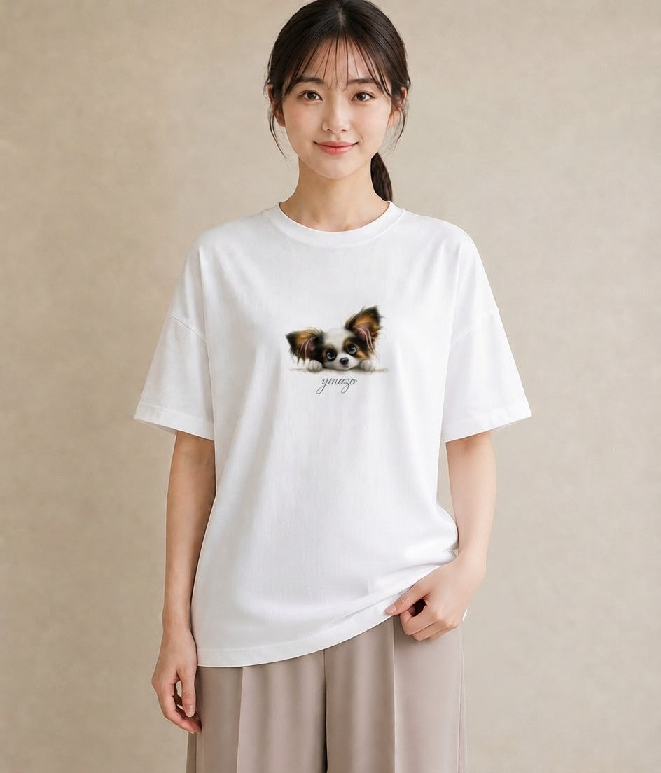 プリントTシャツ レディース パピヨン 犬 いぬ イラスト アート風 夏コーデ 通学 白T