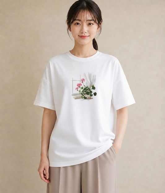 プリントTシャツ レディース 窓辺の雨 雨の日 窓 ナチュラル アンティーク イラスト 通勤 在宅 白T