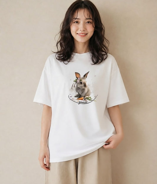 半袖Tシャツ レディース ウサギ系野生 動物 アニマル イラスト ナチュラル ホワイトデー 春服 白T