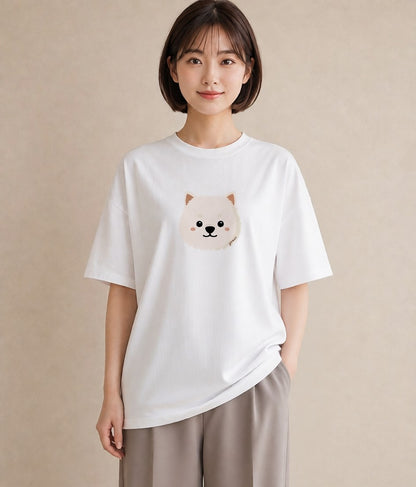 Tシャツ レディース 犬 いぬ イラスト ミニマル ペアコーデ 秋コーデ 白T
