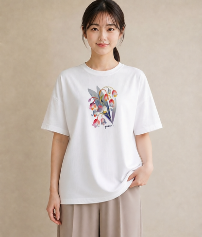 Tシャツ レディース すずらん 花 花柄 イラスト 線画 カフェ服 クリスマス 白T
