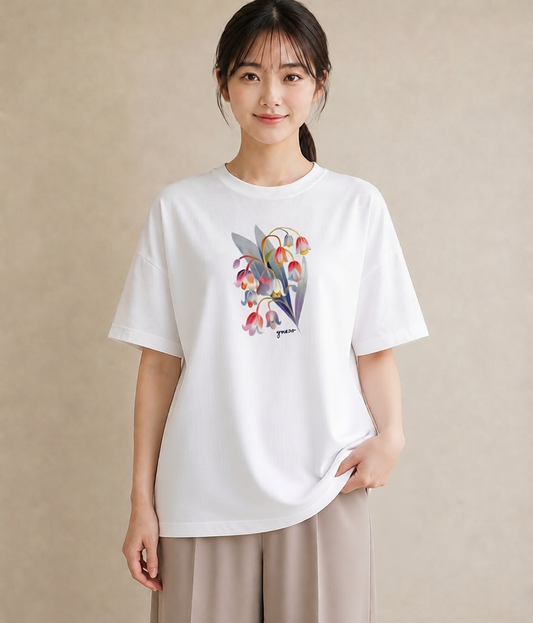 Tシャツ レディース すずらん 花 花柄 イラスト 線画 カフェ服 クリスマス 白T