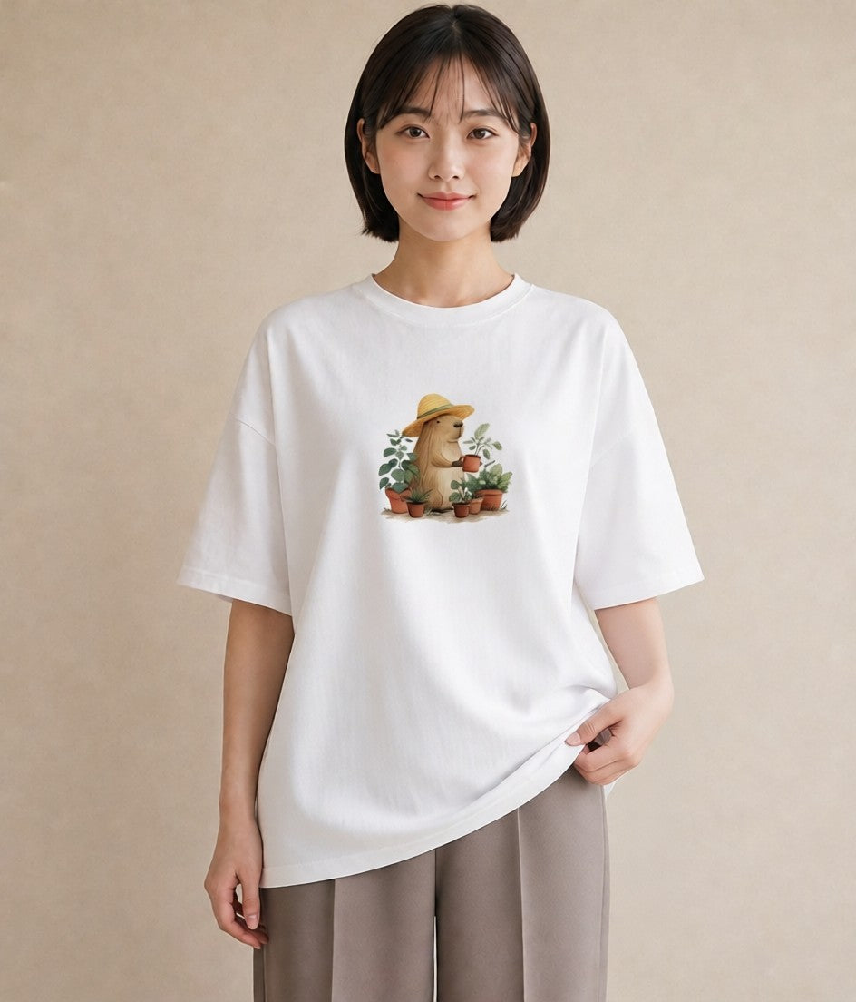 プリントTシャツ レディース モルモット ペット 動物 イラスト モード 海 カフェ巡り 白T
