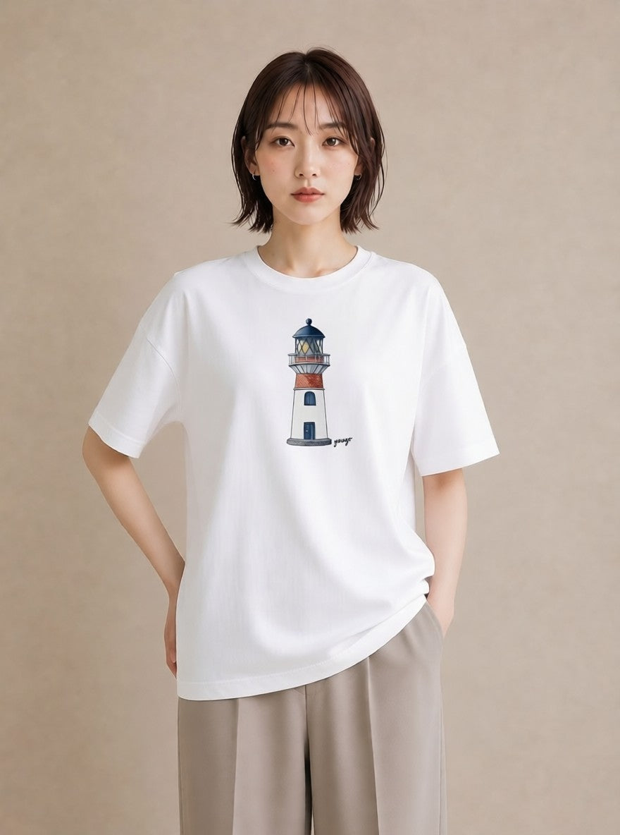 Tシャツ レディース 灯台 霧 海 ナチュラル アンティーク イラスト お洒落 カジュアルコーデ 買い物 白T