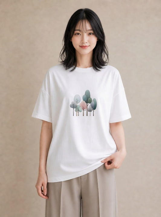 半袖Tシャツ レディース 青の水彩 風景 ブルー ナチュラル アンティーク イラスト 北欧風 ママ カフェ服 白T