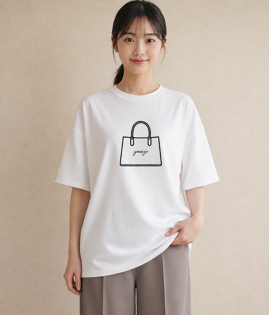 プリントTシャツ レディース パールピアス アクセサリー ナチュラル アンティーク イラスト ヴィンテージ風 ミセス 春コーデ 白T