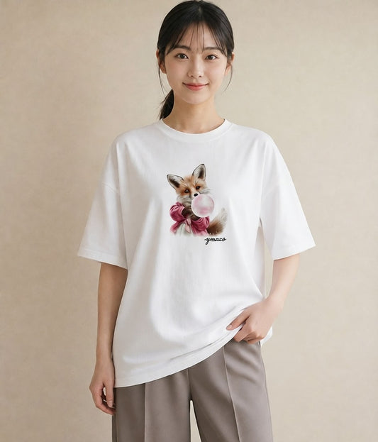 プリントTシャツ レディース きつね 動物 アニマル イラスト ユニーク お出かけ 普段着 白T