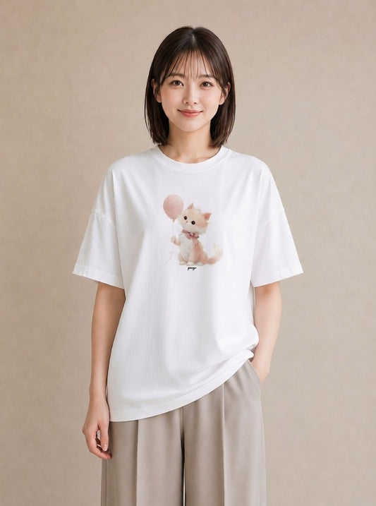 半袖Tシャツ レディース 子猫 猫 ねこ イラスト こなれ感 おしゃれギフト 社会人 白T