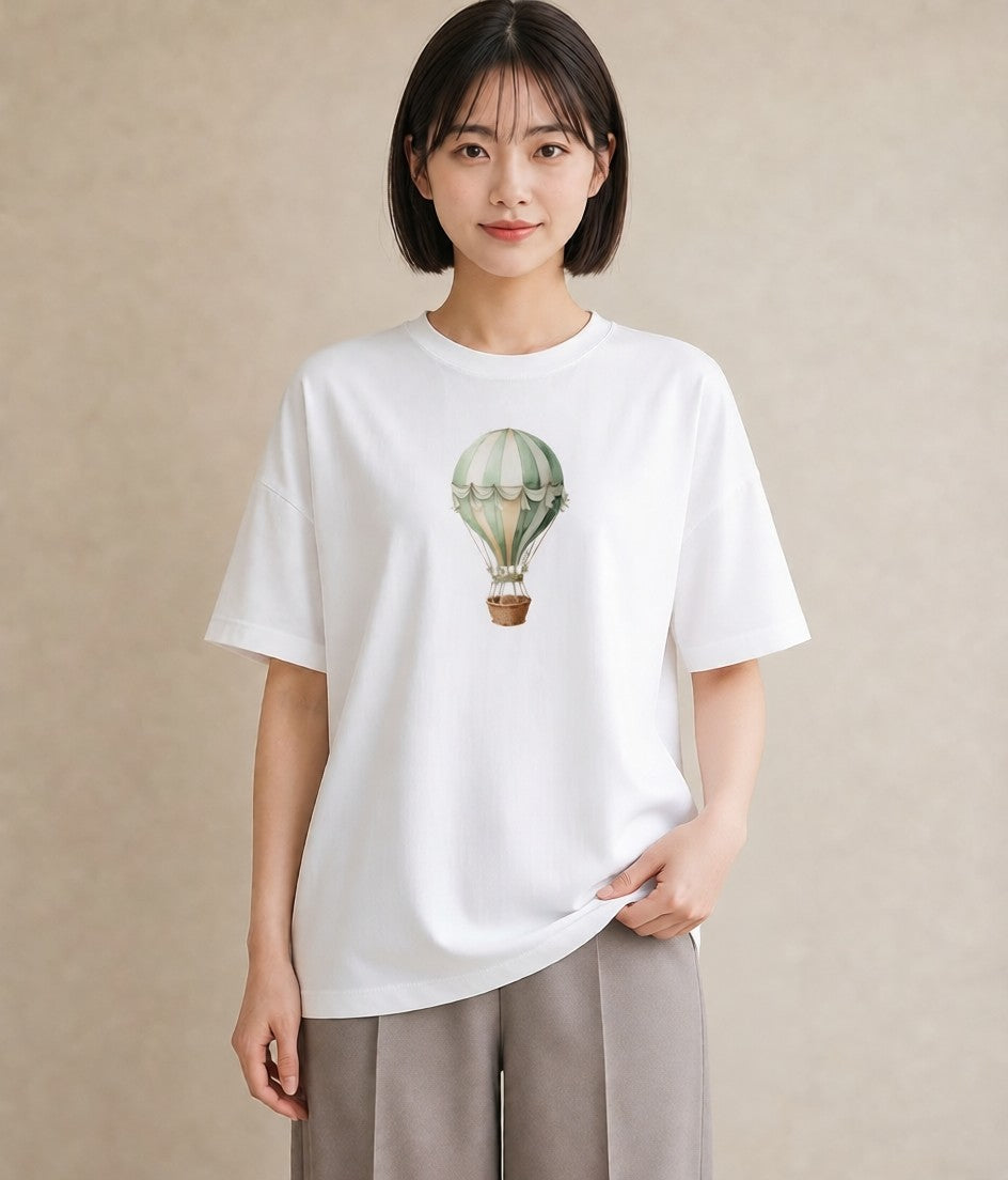 プリントTシャツ レディース 気球 星空 宇宙 イラスト きれいめカジュアル 自分用 ルームウェア 白T