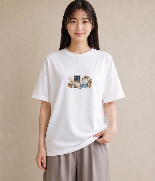 プリントTシャツ レディース 窓辺の雨 雨の日 窓 ナチュラル アンティーク イラスト お洒落 秋コーデ おしゃれギフト 白T