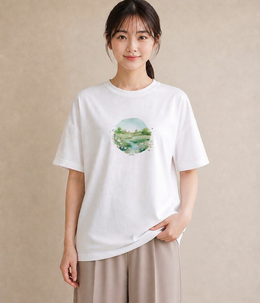 グラフィックTシャツ レディース 小川 橋 せせらぎ ナチュラル アンティーク イラスト アート風 母の日 ビーチ 白T