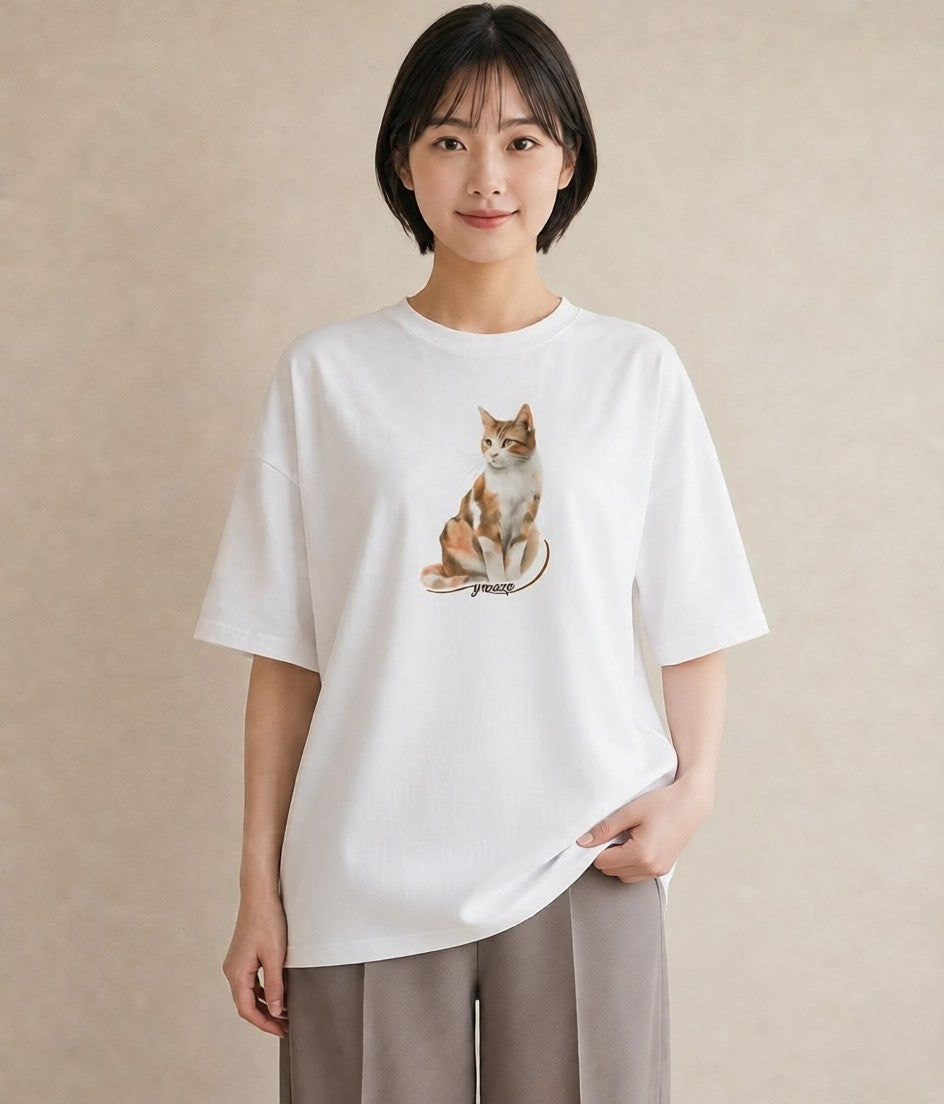 グラフィックTシャツ レディース 白猫 猫 ねこ イラスト カフェコーデ レイヤード 友達ギフト 白T