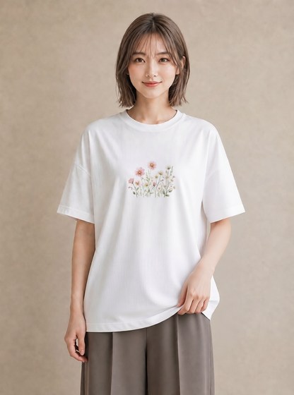 グラフィックTシャツ レディース コスモス 秋桜 花 花柄 イラスト ポップ 春コーデ 姉妹 白T