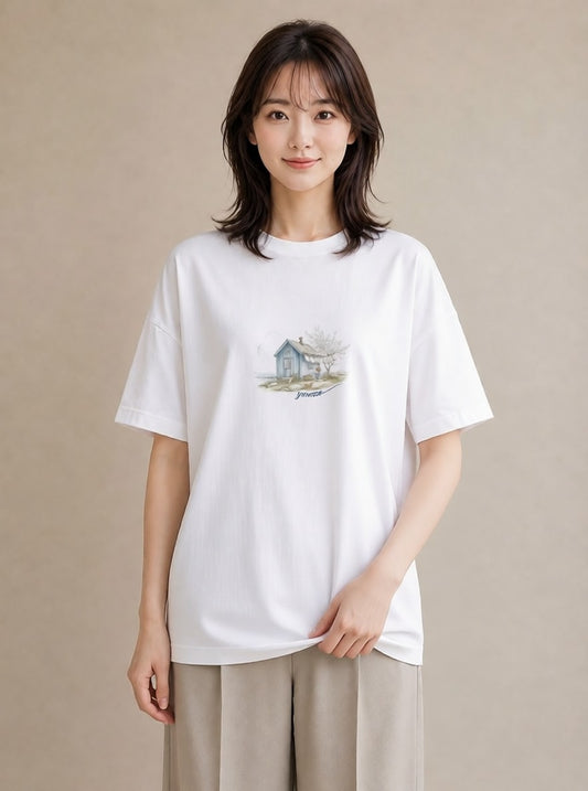 プリントTシャツ レディース 湖畔の小屋 湖 小屋 ナチュラル アンティーク イラスト 可愛い レイヤード 友達ギフト 白T