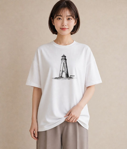 デザインTシャツ レディース 灯台 霧 海 ナチュラル アンティーク イラスト 可愛い デイリーウェア 休日 白T