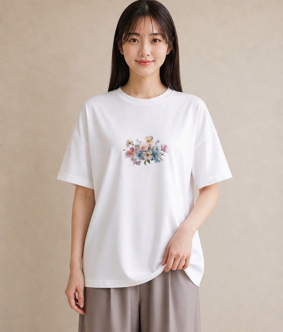 グラフィックTシャツ レディース パンジー 花 花柄 イラスト ガーリー 送別ギフト 通勤 白T