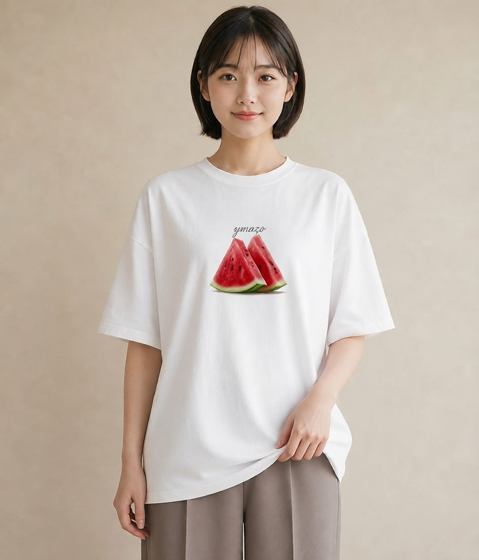 Tシャツ レディース すいか 食べ物 フード イラスト ラフカジュアル 散歩 お出かけ 白T